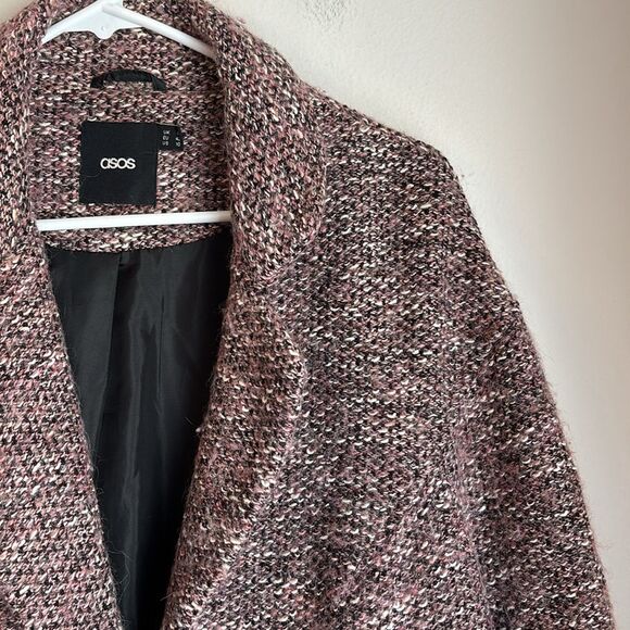 ASOS Tweed Wool Long pink black white oversized dress coat Teddy Jacket 10 EUC - Picture 4 of 9
